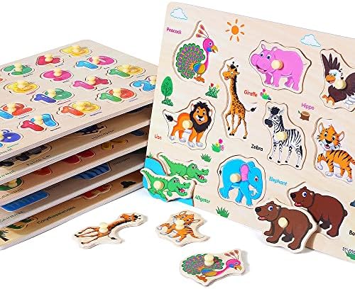 GRINNNIE Wooden Peg Puzzle for Toddlers, 6 Pack Toddler Puzzles Set for 3 4 5 Years Old (Alphabet Number Shape Animal Dinosaur Vehicle), Preschool Education Learning Puzzle Toys for Girls and Boys - Image 6