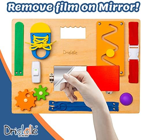Driddle Busy Board - Wooden Montessori Activity Board for Toddlers & Kids - 12 Educational Sensory Toys to Learn Basic Life Skills & Develop Fine Motor Skills + Baby Mirror - Image 4