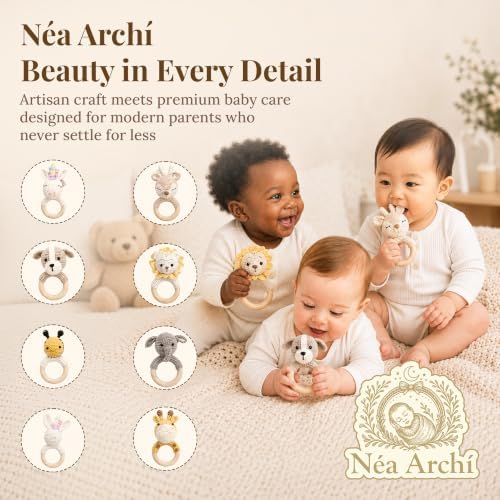 Néa Archí Crochet Baby Rattle, Organic Cotton & Beech Wood, Giraffe - Image 2