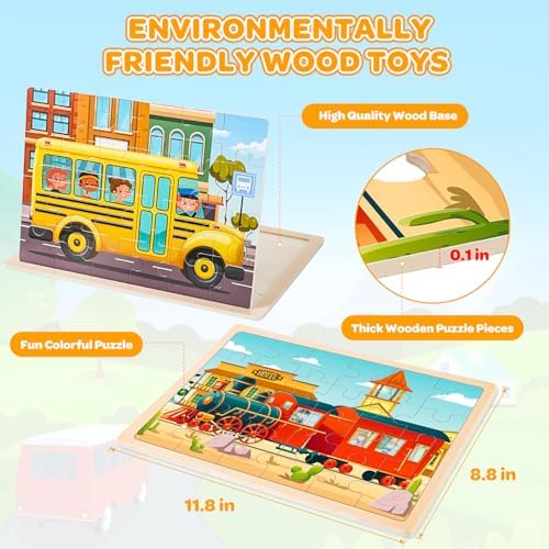 Puzzles for Kids Ages 4-6, 4 Packs 24 Pcs Wooden Jigsaw Puzzles for Toddlers Ages 2-4, Preschool Educational Vehicle Puzzle Toys Gifts for 3 4 5 6 Boys Girls - Image 3