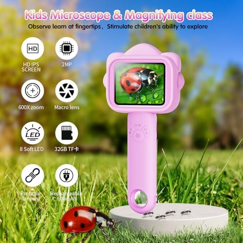 Microscope for Kids, Kids Microscope with Sample Slide, Educational Science Kit, Macro Fixed Focus Kid Mini Microscopes 500x Magnification, 32GB SD Card Include(Purple) - Image 4