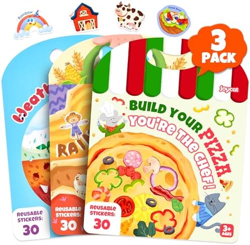 JoyCat Reusable Sticker Book Set, 3-Pack, 90 Stickers, Farm Pizza Weather by JOYCAT