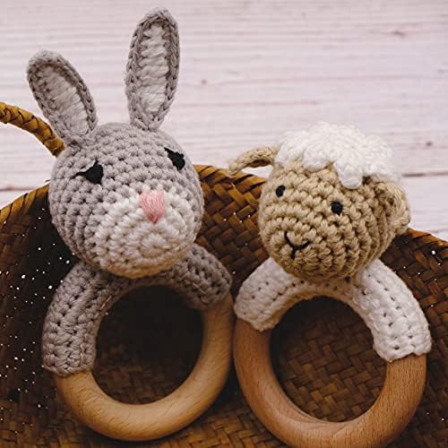 Joliecraft Natural Wooden Baby Rattle Soft Shaker Toy with Teething Ring for Infants Cream Lamb - Image 3