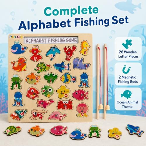 NASHRIO Magnetic Wooden Alphabet Fishing Game for Kids Ages 3-5, ABC Letter Puzzle Board with 26 Sea Animal Pieces, Preschool Learning Fine Motor Toy for Boys Girls 3 4 5 - Image 3
