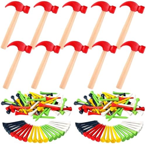 10 Pcs Kids Wooden Hammer Toy with 100 Pcs Colorful Wood Golf Tees, Small Plastic Hammer Simulation Hammers Educational Toys for Children Gift Birthday Party Halloween (Red) by AIHSUMC