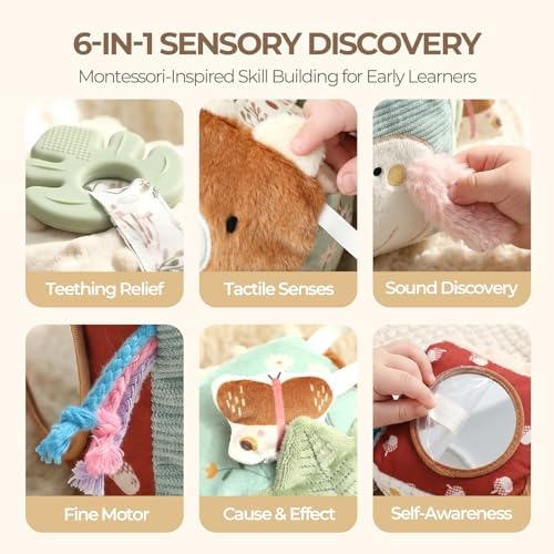 let's make Bear Baby Activity Cube for Babies 0-12 Months, Soft Activity Block Toy with Food-Grade Teether & Baby-Safe Mirror, Tummy Time Crinkle Toy for Infants Boys Girls - Image 2