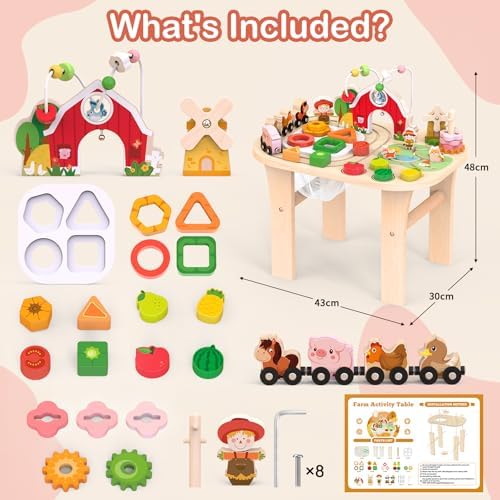 Kids Wooden Farm Activity Table for 1 2 3 Years Old, Montessori Learning Toy with Bead Maze, Shape Sorter & Animal Train, Sensory Development Toy for Toddlers, Educational Gift for Baby Boys Girls 1+ - Image 7