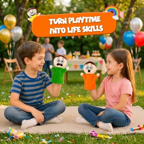 4E's Novelty Feeling Hand Puppets for Kids with 6 Emotions, with Moveable Arms, Soft Plush Hand Puppets for Toddlers, Early Education Toys, Social Emotional Learning Activities - Pack of 6 - Image 3
