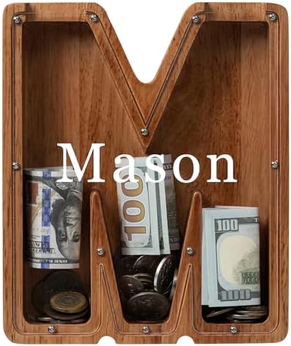 Personalized 12" Extra Large Wooden Letter Piggy Bank for Kids Boys Girls, (Laser Engraved Name) Custom Initial Letter Shape Piggy Bank, Alphabet Coin Bank Grandchildren Birthday by Ladenk