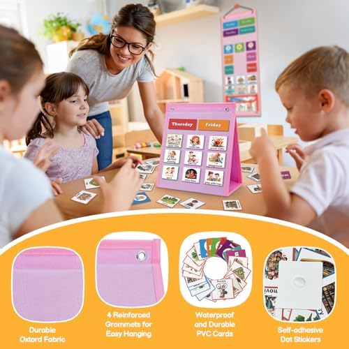 PITCOTT Visual Schedule for Kids Chore Chart，3 in 1 Daily Schedule Board Routine Pocket Chart Cards for Toddlers,Autism Learning Materials Tool Wall Planner for Home School with 103 Cards （Pink） - Image 2