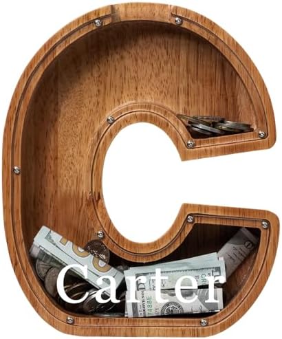 Personalized 12" Extra Large Wooden Letter Piggy Bank for Kids Boys Girls, (Laser Engraved Name) Custom Initial Letter Shape Piggy Bank, Alphabet Coin Bank Grandchildren Birthday by Ladenk