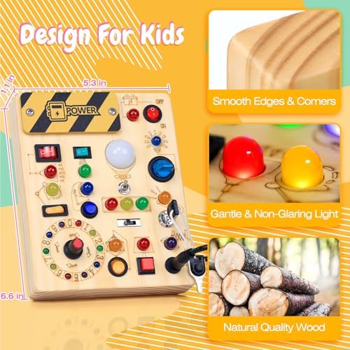 Busy Board with LED Light Switches, Montessori Toys for 1 2 3 Years Old, Toddlers Wooden Toy Sensory Activity Board, Travel Toys for 1+ Year Old Boy & Girl Birthday Gift - Image 6