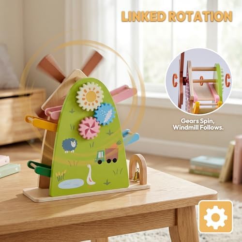 Wooden Car Ramp Toy with Windmill - Montessori Toys for 18+ Months, 4 Level Sliding Track with 4 Mini Cars & Bell, Toddler Educational Toys for Boys Girls, Ideal Birthday/Easter/New Year Gift - Image 5