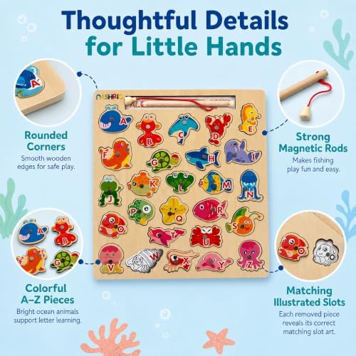 NASHRIO Magnetic Wooden Alphabet Fishing Game for Kids Ages 3-5, ABC Letter Puzzle Board with 26 Sea Animal Pieces, Preschool Learning Fine Motor Toy for Boys Girls 3 4 5 - Image 5