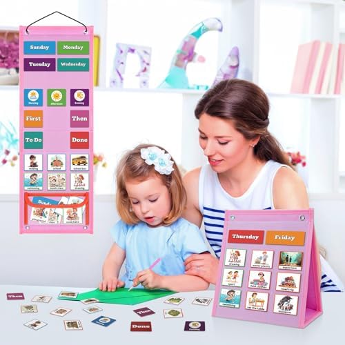 PITCOTT Visual Schedule for Kids Chore Chart，3 in 1 Daily Schedule Board Routine Pocket Chart Cards for Toddlers,Autism Learning Materials Tool Wall Planner for Home School with 103 Cards （Pink） - Image 5