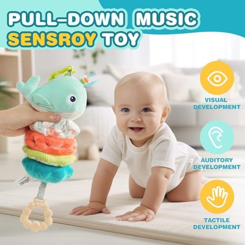 Jollybaby Baby Musical Pull String Hanging Toy for Stroller Car Seat Crib Play Gym, Plush Stuffed Whale Toy for Carseat with Music Teether Crinkle Paper, Sensory Toy for 0-6-12-18 Months Baby Gift - Image 2