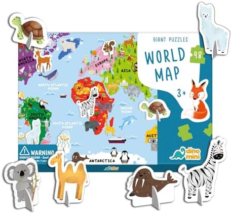 Dinomini Giant World Map Puzzle for Kids - with Interactive Standing Figures - Floor Puzzles for Kids Ages 3-5 - Preschool Learning Activities - Learning & Educational Toys by Dinomini