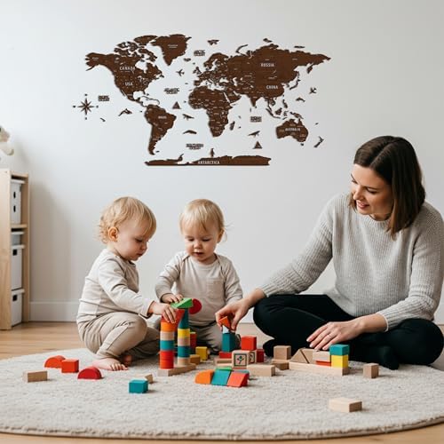Colorfull Worlds, Multilayer 3D Wooden World Map, Travel Map States and Capitals, Wall Decor For New House, Gift For Travelers, Office Decor, Birthday Present, Living Room Decoration (M, Light Brown) - Image 2
