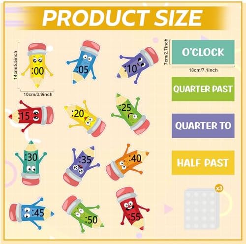 Clock Numbers Bulletin Board Kits,Pencil Telling Time Teaching Clock for Kids Labels, Learning to Tell Time Cutouts for Elementary Math Classroom Must Haves (Pencil) - Image 2
