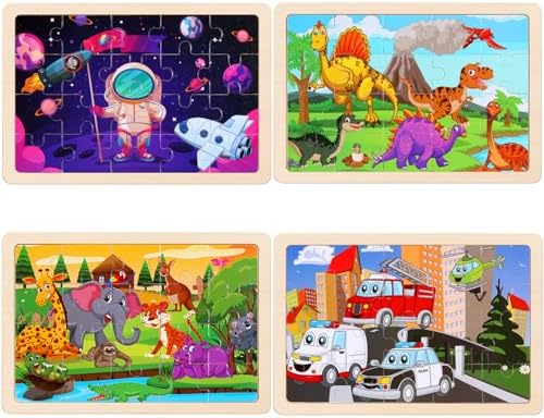 Wooden Puzzles Toys for Kids Ages 3-5, Set of 4 Packs Dinosaur, Space, Transportation Wood Puzzles, Preschool Brain Teaser Toys for Boys and Girls 3 4 5 6 Years Old - Image 3