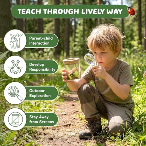 Bug Catcher for Kids, Wooden Bug Catching Outdoor Toys for Ages 4-8, STEM Explorer Activities with Butterfly Net Magnifying Glass Tweezers Insect Habitat Observation Cup Storage Bag Learning Cards - Image 3