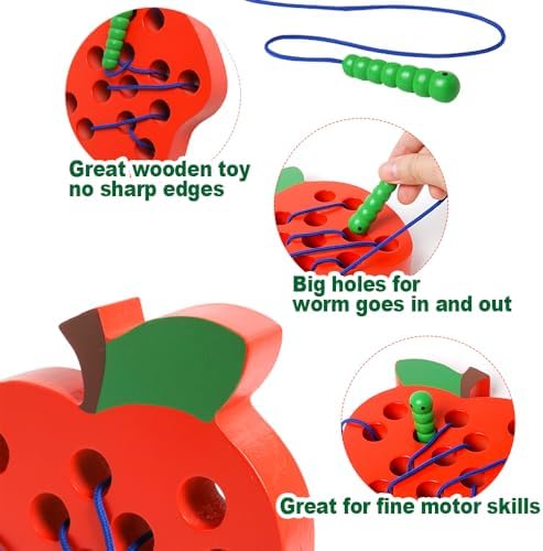 Lacing Toys for Kids,Wooden Threading Apple Travel Toys,Montessori Education Sensory Learning Fine Motor Skills, Wooden Block Puzzle Gifts for 3 Year Old Kids Boys Girls - Image 6