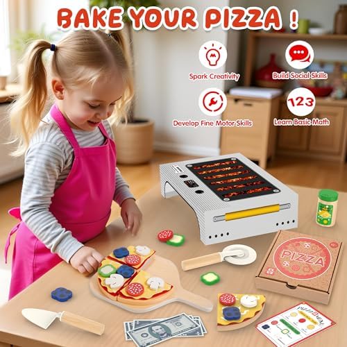 WOODMAM Pizza Toy Set, Montessori Realistic Play Food with Oven Box - Image 2