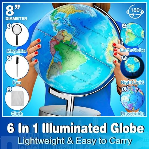 AR Illuminated World Globe for Kids - Rewritable, Colorful, Easy-to-Read, High-Definition Map, Educational Interactive STEM Toy, Light-Up Lamp, LED Night Light Decor - Image 6