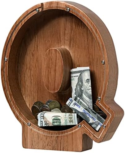 Piggy Bank for Kids Boys Girls, Wooden Large Letter Piggy Bank Alphabet Money Bank with Initial Q, Coin Bank Fun Gifts for Birthday, Christmas, Festival, Baby Shower by Ladenk
