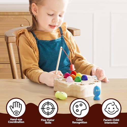 Wooden Magnetic Fishing Game for Toddlers 1-3, Montessori Sensory Busy Board Fine Motor Skills Toys for 1 2 3 Years Old Boys Girls (Frog B-Fish Game) - Image 5