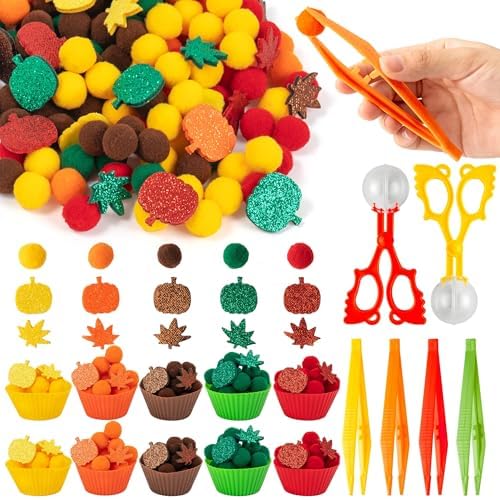 EZdhuawuse Fall Sensory Bin Fillers Toys- 267Pcs Thanksgiving Gifts Fine Sorting Stacking Motor Toys for Kids, Autumn Glitter Felt Maple Leaf Pumpkin Sorting Activity for Preschool Early Development by EZdhuawuse