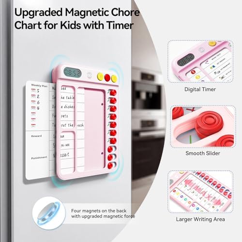 Chore Chart for Kids with Visual Timer, ADHD Tools Visual Schedule Planning Board with Slider, 20 Personalizable Cards and Magnetic Marker, Morning/Bedtime/Daily Routine Chart Checklist - Pink - Image 3