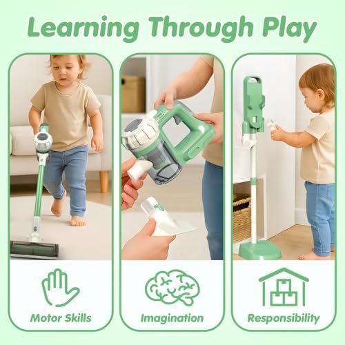 3-in-1 Kids Vacuum that Really Works with Real Suction, Cordless Toddler Toy Vacuum Cleaner, Interactive Pretend Play Cleaning Set for Ages 3+ (Green) - Image 4