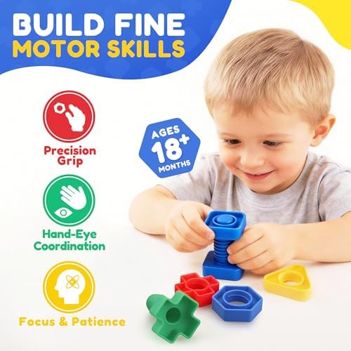 LotFancy Nuts and Bolts, 24pcs Fine Motor Skills Occupational Therapy Toys for Kids, Shapes and Colors Matching Toys, Montessori Building Construction Game with Storage Box for Baby and Toddlers - Image 2