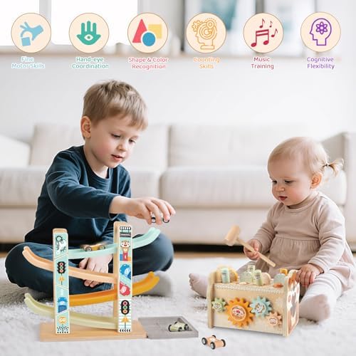 Montessori Wooden Toys for Toddler, Pounding Hammer, Car Ramp, Shape Sorter - Image 6