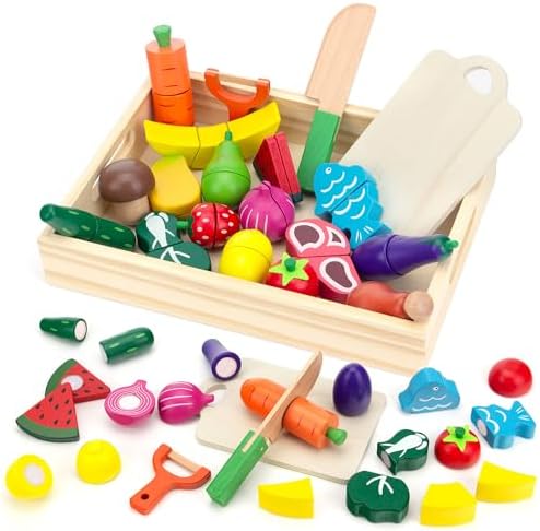 Wooden Play Food for Kids Kitchen, Fruits & Veggies & Food Cutting Toy Set by GOPLACS