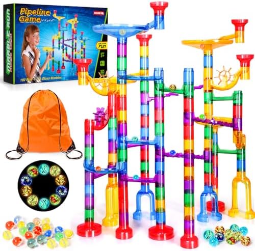 Meland Marble Run - 132Pcs Marble Maze Game Building Toy for Kid, Marble Track Race Set & STEM Learning Toys for Boy Girl Age 3 4 5 6 7 8 9+ (102 Translucent Marbulous Pcs & 30 Glass Marbles) by Meland