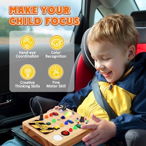 TINTECUSA Busy Board with LED Light, Wooden Sensory Toys for Toddler, Montessori Music Toy for Airplane, Travel Activity Educational Learning Autism Toys, Birthday Boys Girls Gifts - Image 5