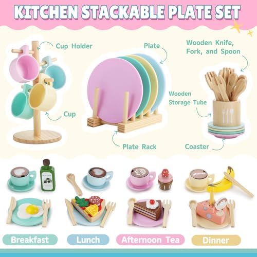 GAGAKU Kids Wooden Play Dishes Set -27Pcs Montessori Play Kitchen Accessories Plates and Bowls Set, Storage Stand & Play Food, Pretend Cooking Toys for Ages 3-5, Educational Gift for Toddler - Image 2