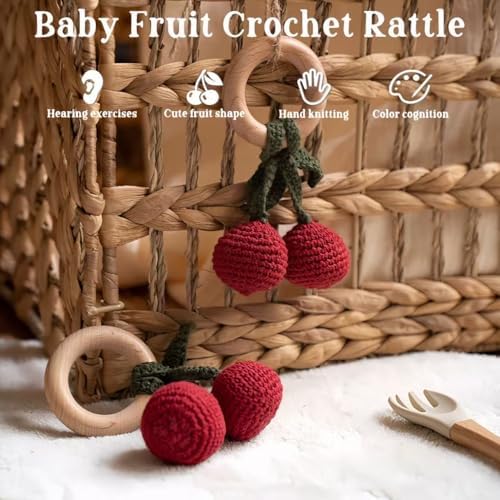 Wooden Baby Rattle Toys Stuffed Crochet Rattle with Teether Ring for Newborn Babies Fruit Wooden Teether Toy Infant Toddler Handcrafted Crochet Rattles Cute Shower Gifts for Boy and Girls - Image 3