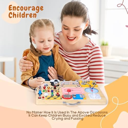 25 in 1 Busy Board with 13 LED Light Switches and 12 Activity, Montessori Toys for 1 2 3 Years Old, Wooden Sensory Board, Toddlers Travel Toys for 1+ Year Old Boy & Girl Birthday Gift（Extra-Large） - Image 4