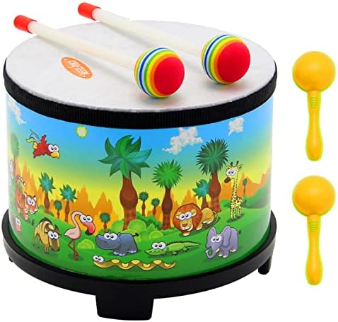 Crafteem Floor Tom Drum for Kids 8-inch Percussion Instrument Music Drum with 2 Mallets and Color Maracas for Baby Children Special Christmas Birthday Toy Gift by Home