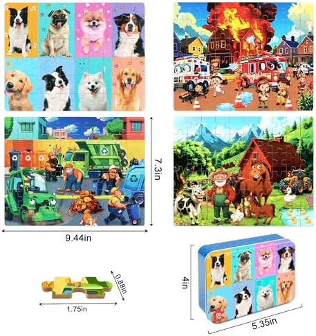 LELEMON Puzzles for Kids Ages 4-6,4-Pack Dogs Fire Fighting Garbage Truck Farm 60 Piece Puzzles for Kids Ages 4-8 in a Metal Box,Educational Jigsaw Puzzles Puzzle Games Puzzle Toys for Girls and Boys - Image 2