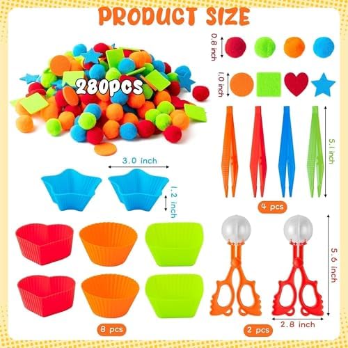 EZdhuawuse Shape Sensory Bin Fillers - 295P Summer Shape Fine Motor Skills Toys Counting Sorting Set for Kids Early Education, Felt Decor Pom Poms Cup Clip for Preschool Counting Sorting Birthday Gift - Image 2