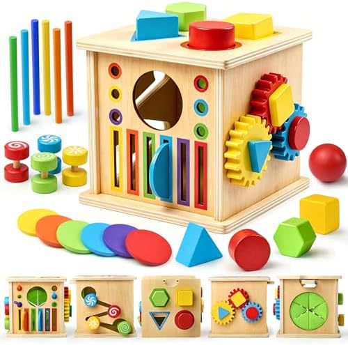 TOMMYHOME Wooden Montessori Multifunctional Sensory Box 8-in-1,Help Children Improve Their Arithmetic Skills and Color Recognition abilities.Coin Box by TOMMYHOME
