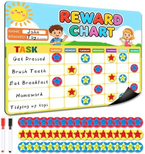 Magnetic Reward Chart, Dry Erase Weekly Behavior Chore Chart with 54 Magnets Star Stickers 2 Markers, Reusable Fridge Responsibility Incentive Daily Routine Task Tracker for Potty Training Home School by AnMTGDCT