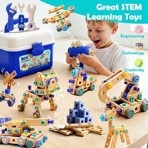 Kids STEM Building Toys For Ages 3-5 4-6 4-8 5-7 6-8 Years Old Boy Birthday Gift,101 Pcs Preschool Educational Construction Toys Tools Set With Drill,Toddler Design Drill Screw Toys (blue165) - Image 4