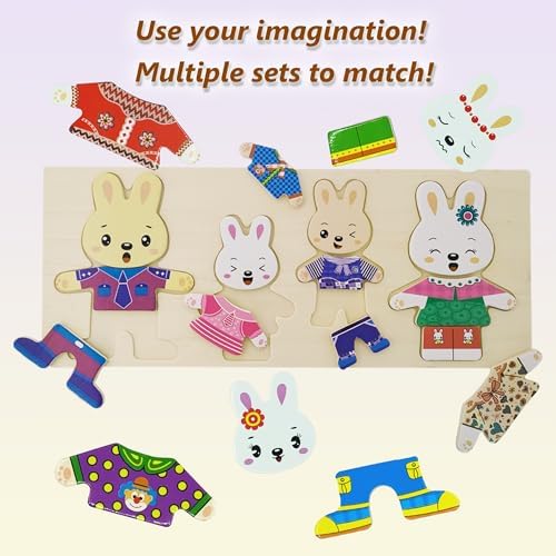 Wooden Bunny Family Dress-up Puzzle Box for Toddlers(72pcs),Change Clothes Puzzle Games, Preschool Learning Activities Toys for Kids Ages 3+ - Image 5