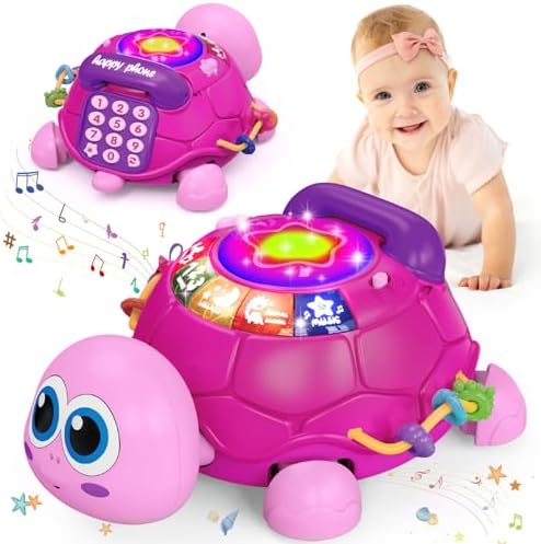Ussybaby Musical Turtle Baby Toys 6 to 12 Month,Infant Light-up Musical Tummy Time Toy with Phone,Baby Crawling Toys for 7 8 9 12 Months Old,Easter Birthday Girl Gift for 3 4 5 Month+(Pink) by UssybabyBabyToy