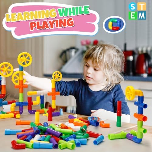 Ggiibro STEM Building Toy for Toddlers 200Pieces Tube Pipe Toy,Educational Preschool Game for 3+ Years,Learning Building Blocks Play with Storage Box Gift Kit,Montessori Toys for Boys & Girls - Image 3